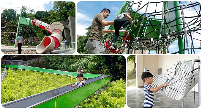 新北市特色公園【中和錦和運動公園】媲美沖繩公園的特色公園，5M、7M、28M滾輪滑道，四道磨石子溜滑梯、黃金豎琴、擺動長繩、高架攀爬網 @章魚娜娜 ∞ 玩味生活